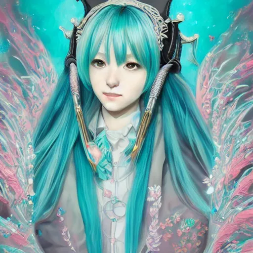 Image similar to a beautiful portrait of hatsune miku as a wizard, fantasy, intricate, elegant, highly detailed, digital painting, artstation, concept art, matte, sharp focus, illustration, art by jacque - louis david, baroque style