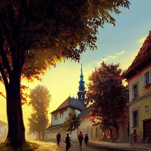 Image similar to a beautiful painting of banska stiavnica in summer with old houses and trees in sunset, sky, people walking on street, unreal engine, by greg rutkowski and james gurney, artstation