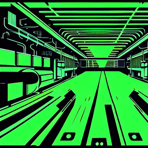 Image similar to a scifi illustration, factory interior with vats of neon green fluid. seen from above, parallax bloom effect, heavy linework line brush, graphic novel style