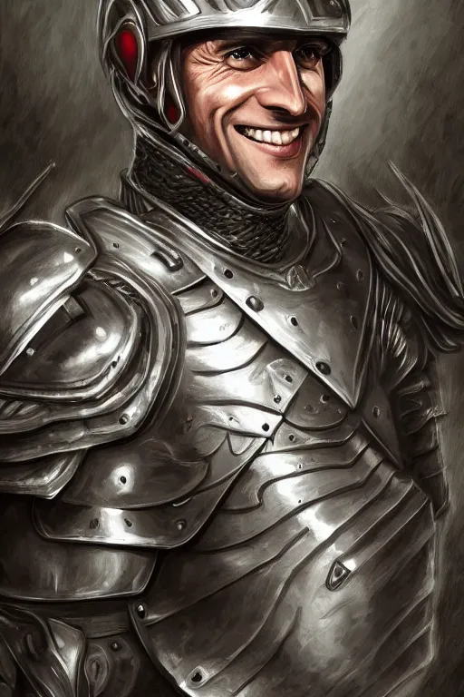 Image similar to emmanuel macron smiling while wearing armour, highly detailed, digital art, sharp focus, trending on art station