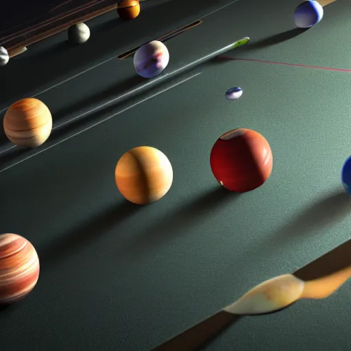 Prompt: The solar system, Sun and Planets on a billiards table, octane render, photo-realistic