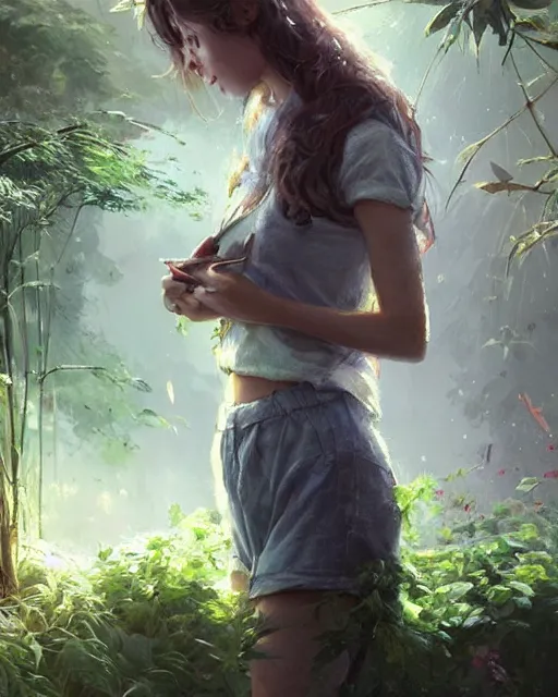 Image similar to a beautiful girl is taking care of the garden in a beautiful and varied vegetation dream garden with quality pruning shears, artstation greg rutkowski, cinematic, hyperrealist, beautiful face and features, the most beautiful girl digital art, light essential calm quality wlop projection render