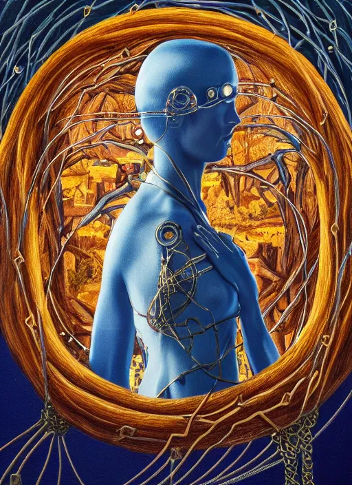 Image similar to oil painting of symmetric android woman immersed in the mystical tree, druid goddess, retro futurism, renaissance painting, baroque, steampunk, golden jewellery, shining crystals, cords and wires, vr googles, filigree, biomechanics, cinematic light, 8 k