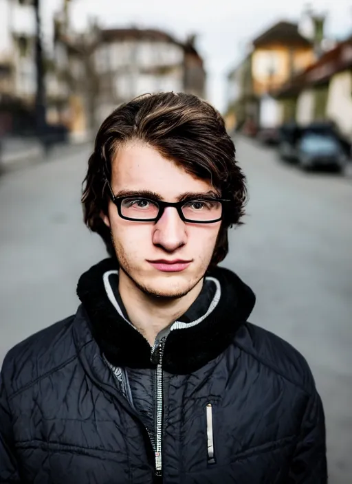 Prompt: a personal close up portrait of a 2 1 year old man from switzerland, glasses, his hair is brown and short, his eyes are green, his face is symmetric and friendly, he's proud to be where he is in life, black jacket, ambient light, beautiful composition, magazine photography, full frame, 5 0 mm, f 1. 8