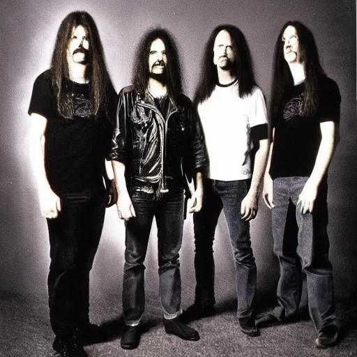 Prompt: 1 9 8 0 s death metal band promo photo, fine detailed, photorealistic, portrait