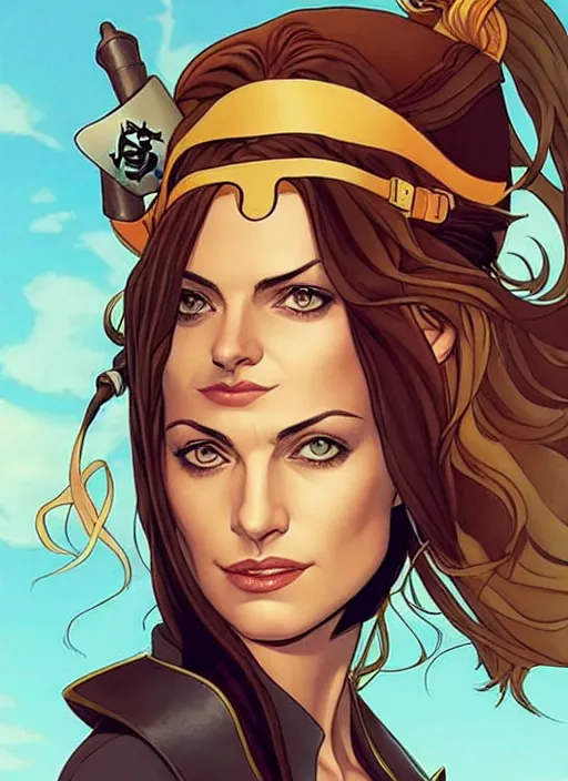 Prompt: Rafeal Albuquerque comic art, Joshua Middleton comic art, pretty female Phoebe Tonkin, pirate, eye patch over left eye, evil smile, pirate clothing, long wavy brown hair, full body:: sunny weather::