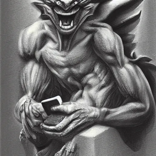 Prompt: a gargoyle using an ipad, happy expression