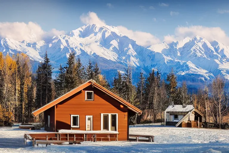 Image similar to architecture photo modern fachwerk house cottage settlement with Elbrus mountain on the background, architecture, photorealism 8k , shining and happy atmosphere, uplight, high details