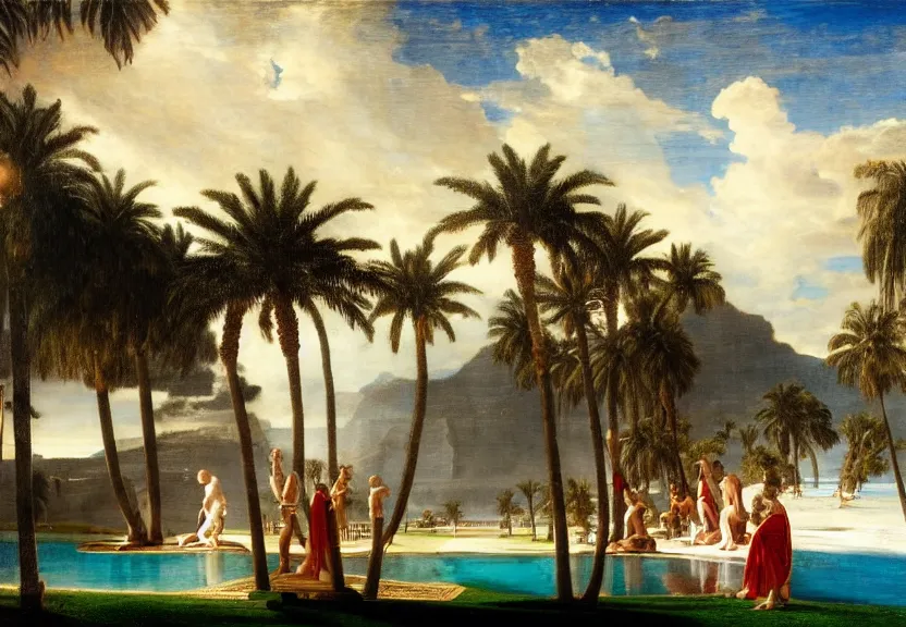 Image similar to The highest palace ever made, thunderstorm, greek pool, beach and palm trees on the background major arcana sky, by paul delaroche, hyperrealistic 4k uhd, award-winning very detailed