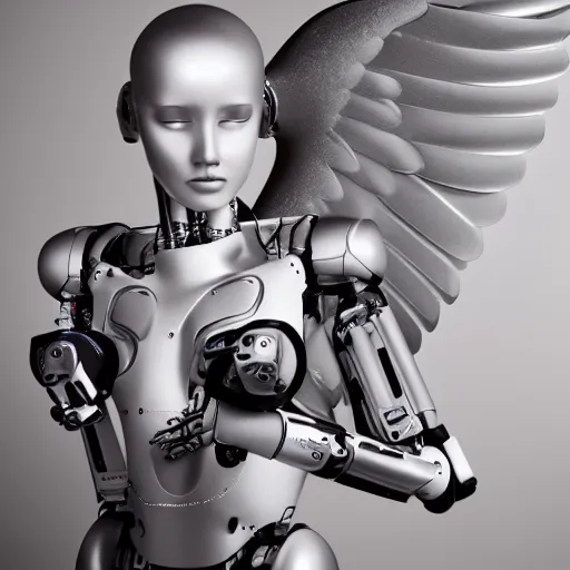 Image similar to UHD candid photo of a robotic Angel, UHD, photorealistic, real wings, correct robot face, photo by Annie Leibowitz