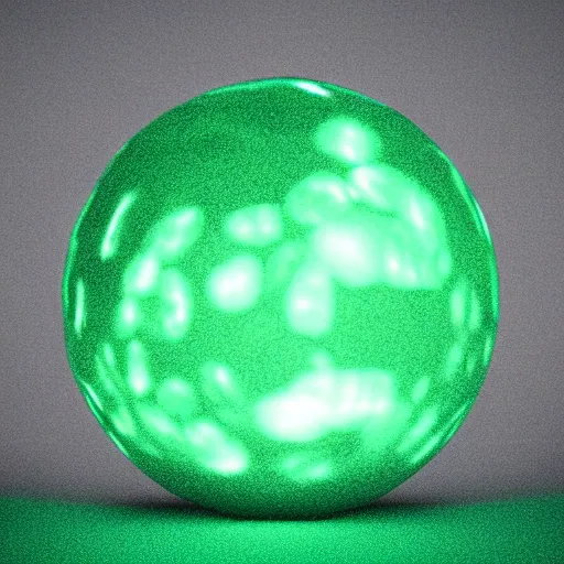 Prompt: high quality cycles render of a glowing green polygonal emerald crystal ball in the dark