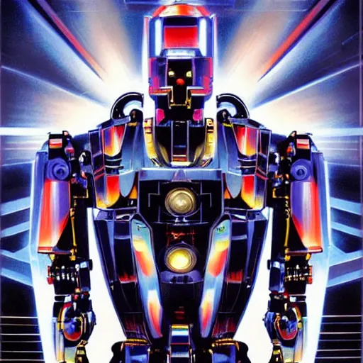 Image similar to mecha robot, symmetrical, movie poster art by drew struzan,