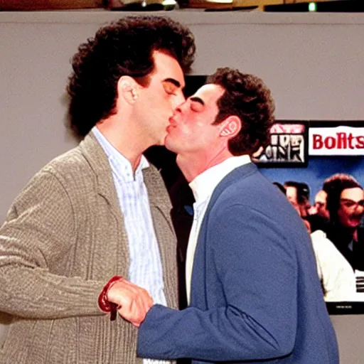 Prompt: jerry seinfeld kissing kramer