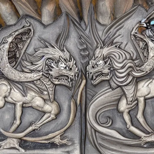 Image similar to bas relief fire-breathing dragon vs female knight with flowing hair