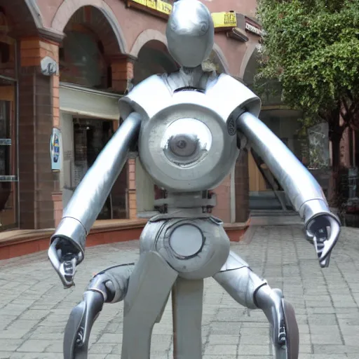 Image similar to Wheatley from portal 2 as a large metal statue in town center