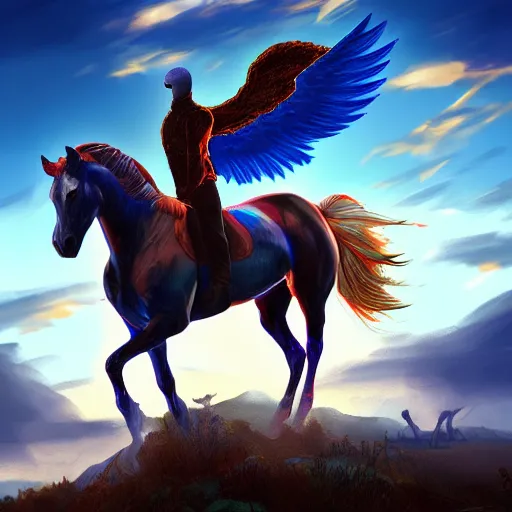 Prompt: man without head on top of horse with wings, colorful of blue color concept art, trending on artstation, highly detailed, intricate, sharp focus, digital art, 8 k