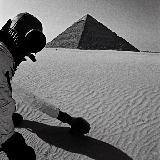 Image similar to a heavily armored man wearing a gasmask, walking over sand dunes, pyramid in background, film still, arrflex 3 5