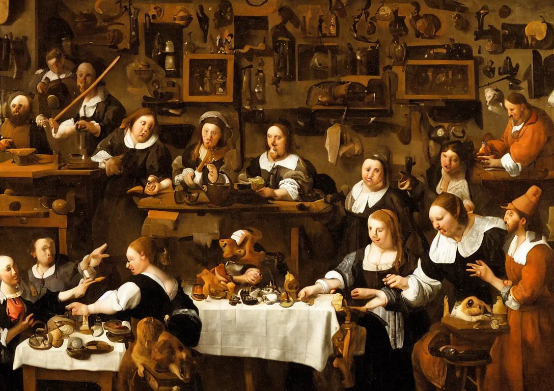 Image similar to Jan Steen. One Beautiful woman big in the center looking at us. Tools on wall. Swine. Dog. Duck. Window. Netherlands tavern, low ceiling, small chamber. Hyperrealistic, ultra detailed, 80mm, museum, artwork. Empty. Daylight.