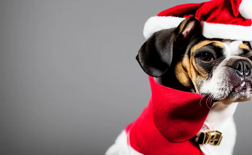 Prompt: studio photography of a dog wearing a christmas outfit, detailed face, cinematic lighting, 8 k