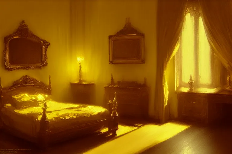 Prompt: an ornate yellow victorian bedroom at night, 1 8 9 0, key visual, conceptart, ambient lighting, highly detailed, digital painting, artstation, concept art, sharp focus, by makoto shinkai and akihiko yoshida and greg manchess