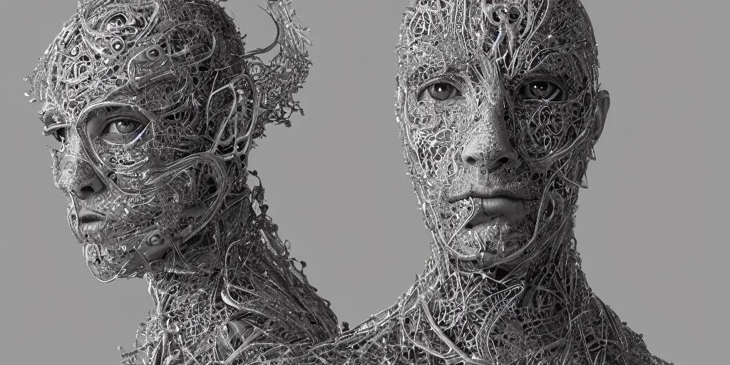 Image similar to hyperrealistic photography of a stunningly beautiful cyborg male, consciences being installed sci - fi, intimate, intricate filigree, fibonacci, in the style of beth cavener, jin kagetsu, and wlop, highly detailed, chrome face symmetry, masterpiece, award winning, sharp focus, concept art, high key, ambient lighting, 8 k, octane render,