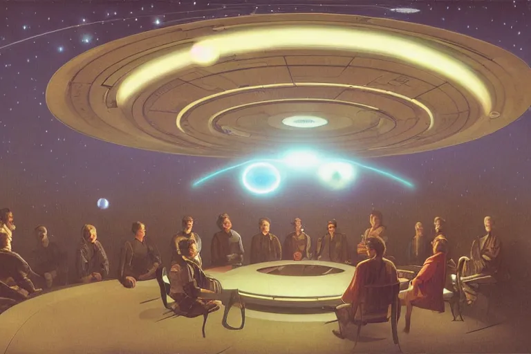 Image similar to front view of a circular meeting room with bright holodesk in the center showing levitating planets of a solar system, dark people discussing, contrasted light, clair obscur, star wars vibe, star treck vibe, by greg rutkowski, by alphonse mucha, by moebius, muted colors