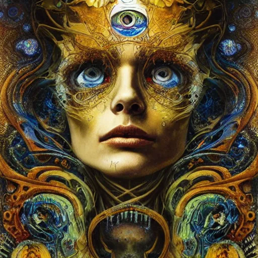 Image similar to Memento Mori by Karol Bak, Jean Deville, Gustav Klimt, and Vincent Van Gogh, beautiful visionary mystical portrait, calavera, otherworldly, fractal structures, ornate gilded medieval icon, third eye, spirals, calavera