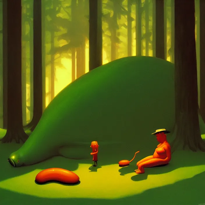 Image similar to fat alien eating slugs in the forest, highly detailed, Edward Hopper and James Gilleard