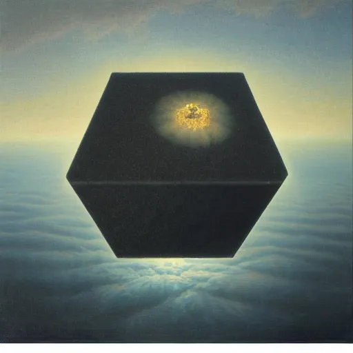 Image similar to a highly detailed oil painting of an icosahedron floating above a lake, Agostino Arrivabene