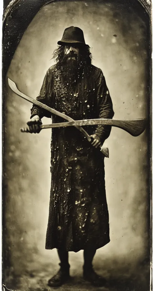 Prompt: a highly detailed wet plate photograph, a portrait of an executioner holding an axe