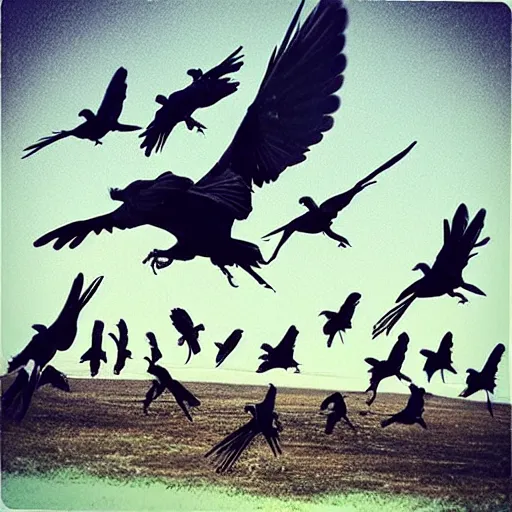 Prompt: “a flock of crows attacking people”