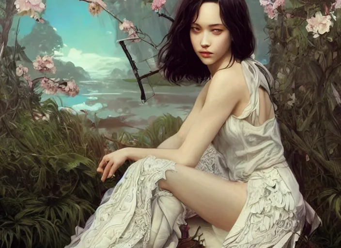 Image similar to beautiful kiko mizuhara, full body, d & d, fantasy, intricate, elegant, highly detailed, digital painting, artstation, concept art, smooth, sharp focus, illustration, art by artgerm and greg rutkowski and alphonse mucha