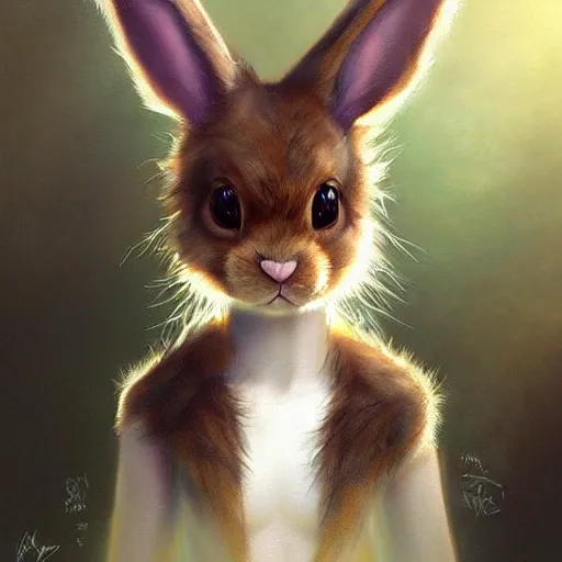 Prompt: cute furry bunny, green eyes, light brown fur, wlop, artgerm, royo