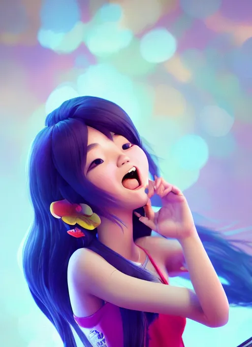 Image similar to a cute asian girl singing, flowing hair in the style of pixar animation, mid-shot, award winning, hyper detailed, studio lighting, artstation, octane renderer, unreal engine