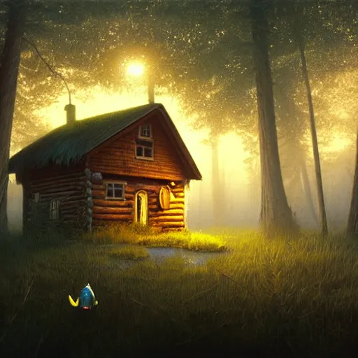 Image similar to A painting of a luminous old cabin in the swamp lands, a freindly bigfoot with a fish, by Gediminas Pranckevicius, cinematic lighting