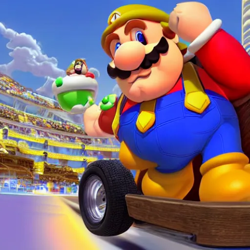 Image similar to Gérard Depardieu as Wario in Mario Kart, nintendo, highly detailed, digital painting, artstation, concept art, sharp focus, illustration, art by Tony Sart and artgerm and randy vargas