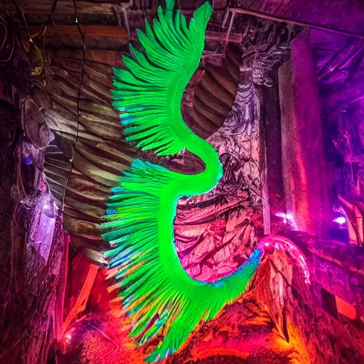 Image similar to glowing translucent quetzalcoatl in las pozas, cyberpunk, dark room, trending on artstation, 4 k close up, wide angle, cut out