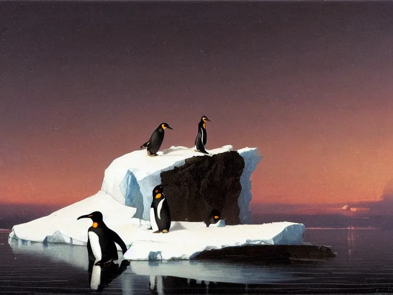 Image similar to an oil painting of a penguin playing in pure white snow on an iceberg in a serene ocean at dusk. aurora. by tuomas korpi moebius and carl spitzweg. baroque elements. intricate artwork by caravaggio. oil painting. oil on canvas. award winning. dramatic. trending on artstation. 8 k