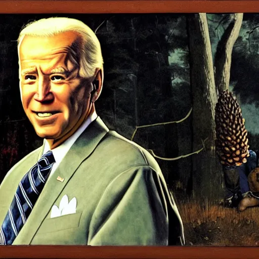 Image similar to joe biden as a pine cone headed man with hard black eyes very surprised, rule of thirds, super sharp, 4 k, ultra detailed, norman rockwell, richard corben.