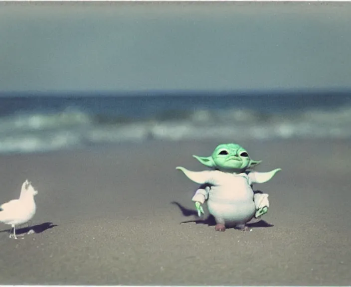 Prompt: polaroid photograph of a very detailed baby yoda!!. grogu. at the beach next to a big seagull!!!!. sharp photo. photo by martin parr and annie lebovitz. 2 4 mm lens