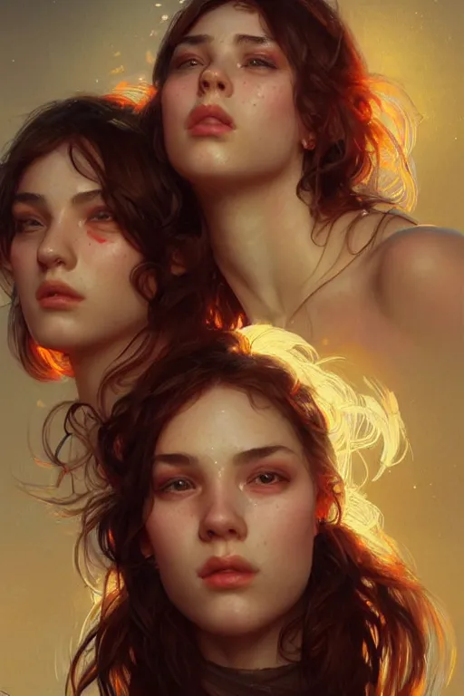 Image similar to three college girls rolling hard on ecstasy glistening with sweat and kissing sensualy, realistic portrait, highly detailed, digital painting, artstation, concept art, smooth, sharp focus, illustration, cinematic lighting, art by artgerm and greg rutkowski and alphonse mucha