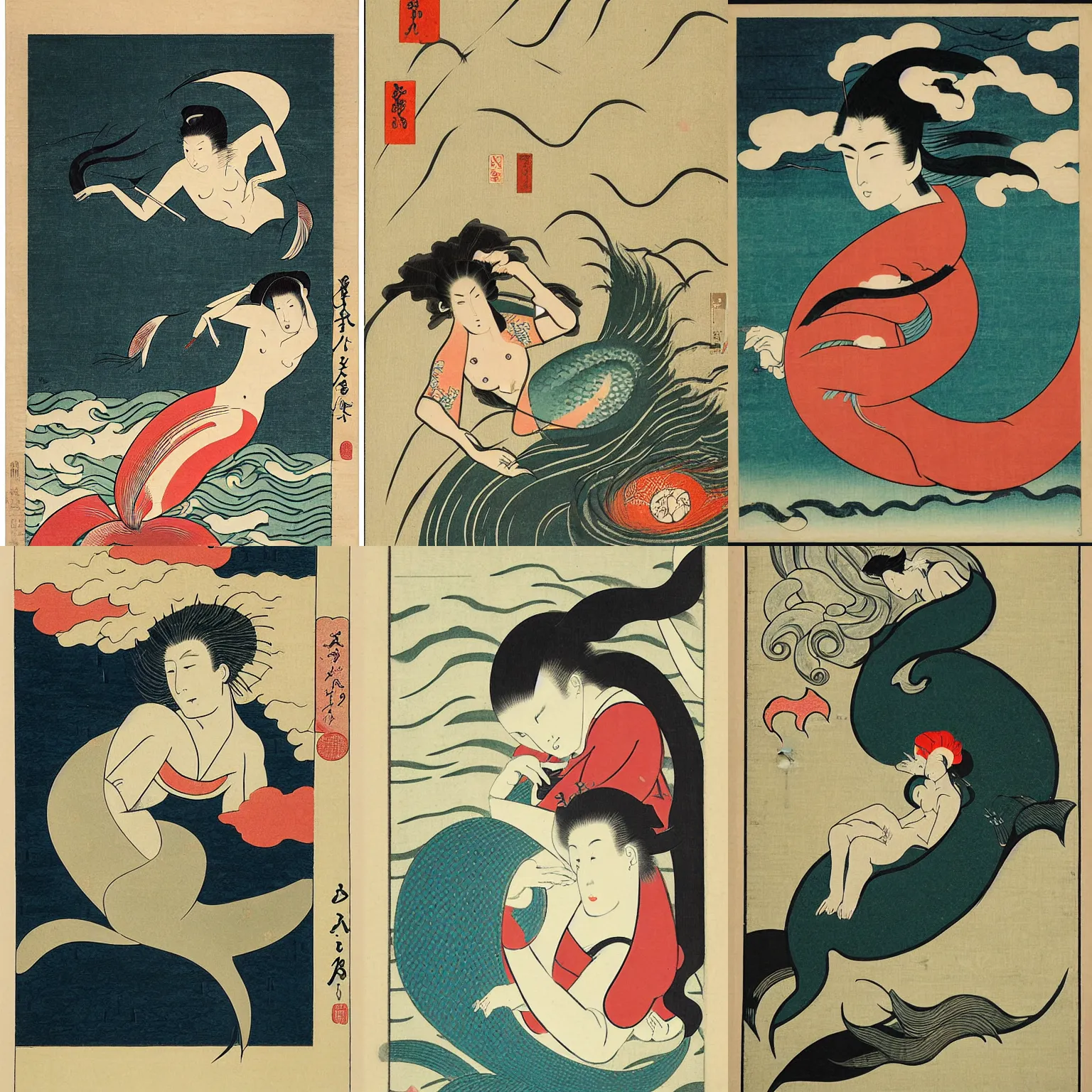 Prompt: Ukiyo-E Portrait of a mermaid in a storm, bauhaus style