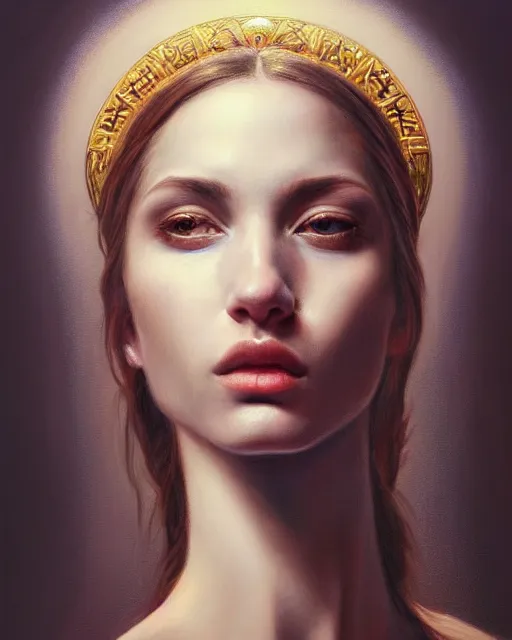 Image similar to portrait of a beautiful goddess, enigmatic beauty, head in focus, intricate, esoteric, elegant, highly detailed, hyperrealistic painting, concept art, painterly, sharp focus, art by