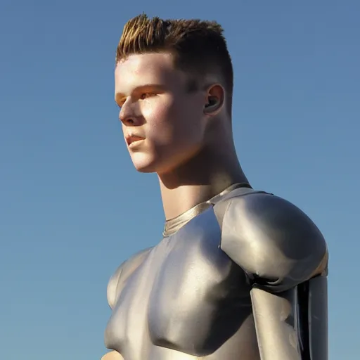 Image similar to a realistic detailed photo of a guy who is an attractive humanoid who is half robot and half humanoid, who is a male android, football player christian mccaffrey, shiny skin, posing like a statue, blank stare, by the beach, on display