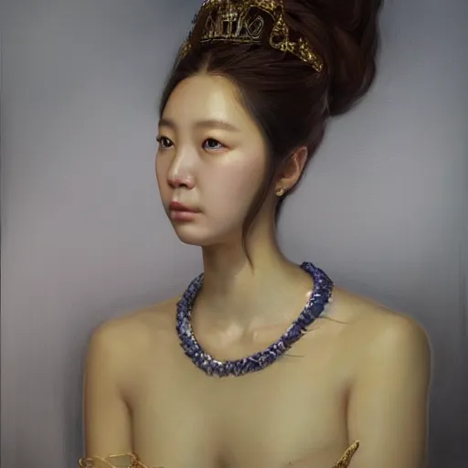 Image similar to hyper realism portrait of Princess by Zhong, Fenghua Klimt, Gustav, stunning, detailing, artstation trending, perfect lighting, golden hour, face detailing