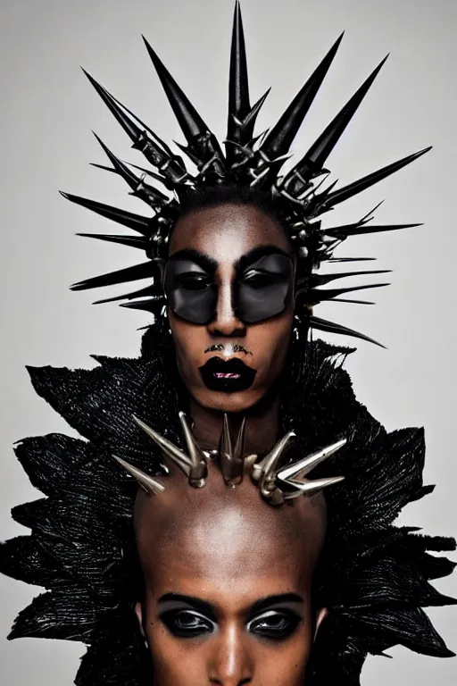 Image similar to a black african genderqueer person in a black leather outfit with spikes on their head, a high fashion character portrait by christen dalsgaard, featured on behance, gothic art, androgynous, genderless, gothic