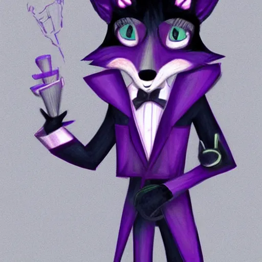 Prompt: colored pencil sketch of an anthropomorphic male purple fox furry fursona in a tuxedo with medium length black hair, handsome eyes, trending on artstation, furaffinity, posing with hands in pocket