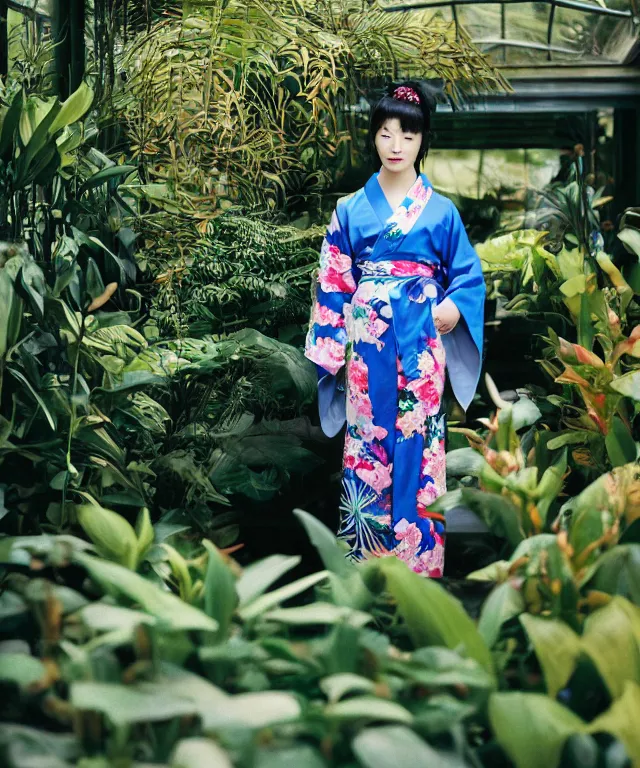 Image similar to fashion photograph of a pretty Japanese woman wearing a blue kimono in an tropical greenhouse, by Annie Leibowitz, extremely detailed, large format camera, Fuji Provia film, 85mm lens, bokeh, blurred background, photorealistic, trending on Instagram, trending on artstation