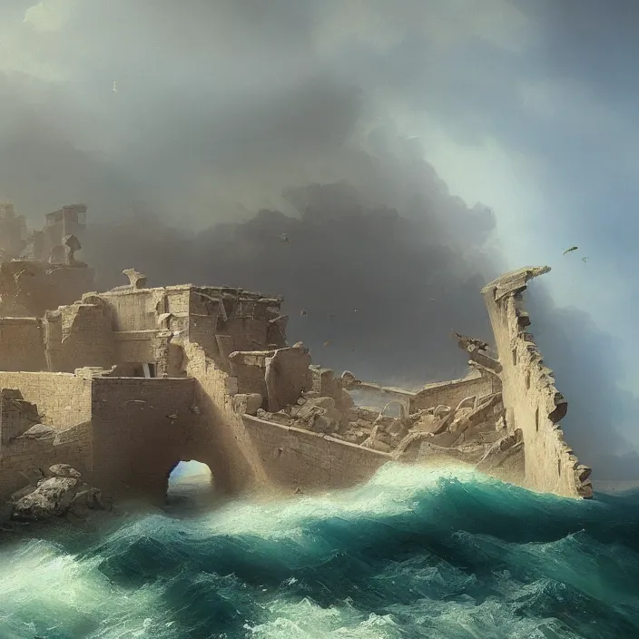 Prompt: a beautiful painting of ruins on the sea by ivan aivazovsky and zdzisław beksinski and rene magritte and greg rutkowski and james gurney, in style of digital art. hyper detailed, sharp focus, soft light. octane render. ray tracing. trending on artstation