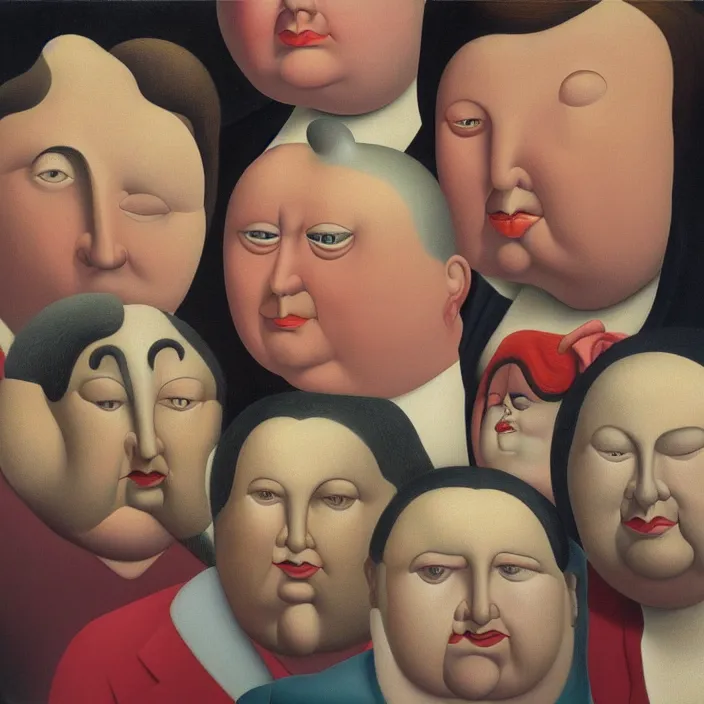 Image similar to group of people pictured in afternoon light, close - up of the faces, anatomically and proportionally correct, surrealist oil painting by botero, dora maar and rene magritte, detailed